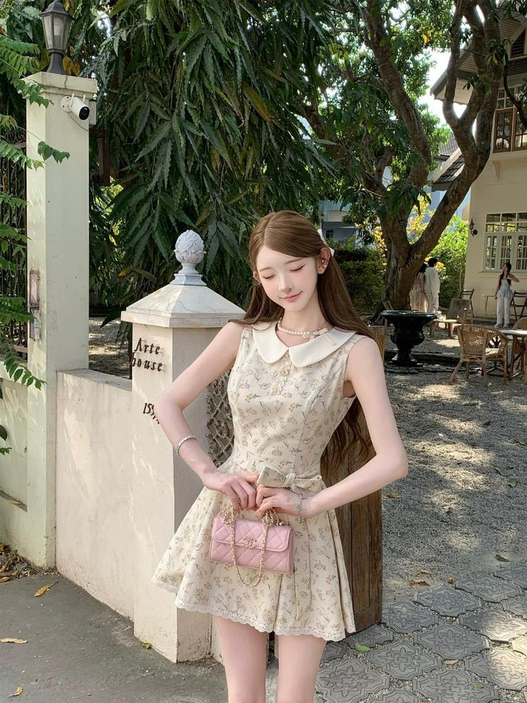 Sweet Doll Collar Bow Strap Waist Floral Dress Women's Summer Beauty Girl Feeling Gentle Wind Age Reduction