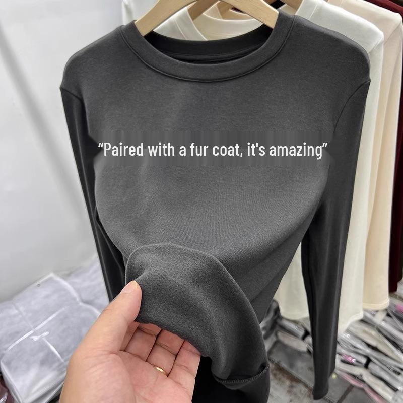 

Women s Slim Fit Long Sleeve Plush Base Layer T-shirt - Korean Style Autumn/Winter Round Neck Large темно-сірий
