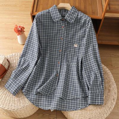 Women's Cotton Plaid Doll Collar Shirt, Button-Up Long Sleeve, Spring Base Layer 2026