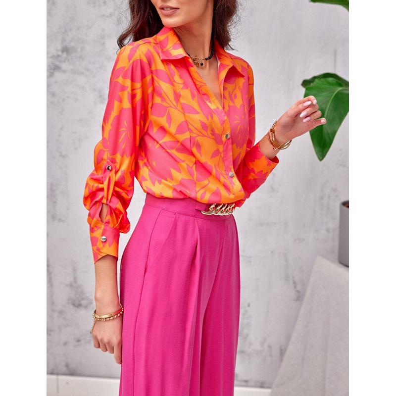 Europäisches und Amerikanisches Hemd Damen Locker Frühling und Herbst Elegant Bedruckte Strickjacke Herbst Langarmhemd Damen