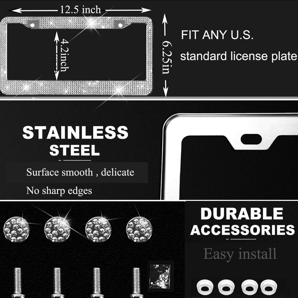 Bling License Plate Frames With High End Ribbon Gift Box,2 Pack Rhinestone License Plate Frame,Handcrafted Crystal Premium Stainless Steel Bling