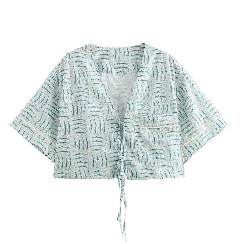 Fashion Style 2024 Autumn New Women's Clothing V-neck All-Matching Image Print Shirt Mid Waist Shorts 8284475