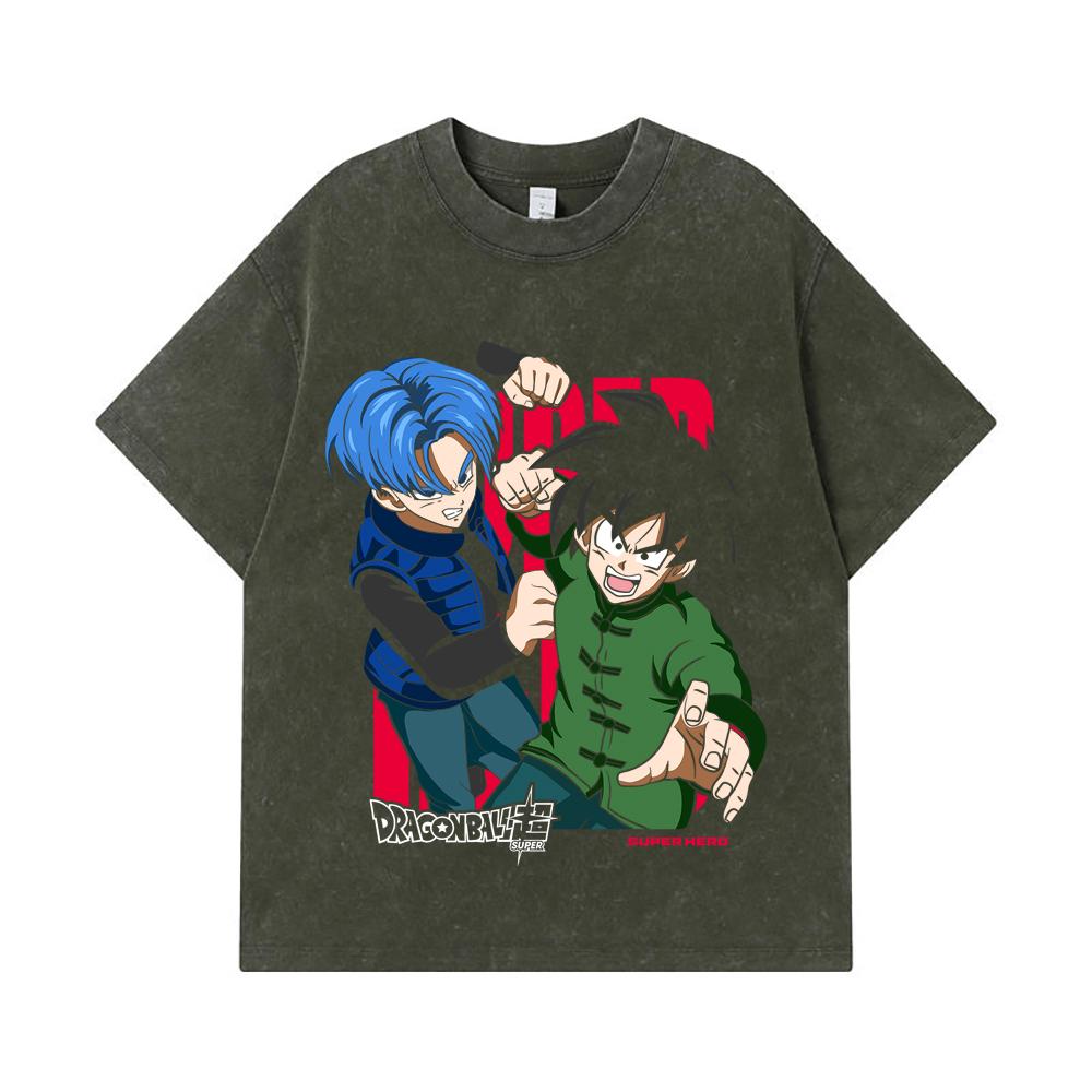 

275 GSM Washed T-shirts 100% Cotton Dragon Ball V58 Gohan Trunks Print Unisex Heavy Cotton T Shirt S армия зеленый