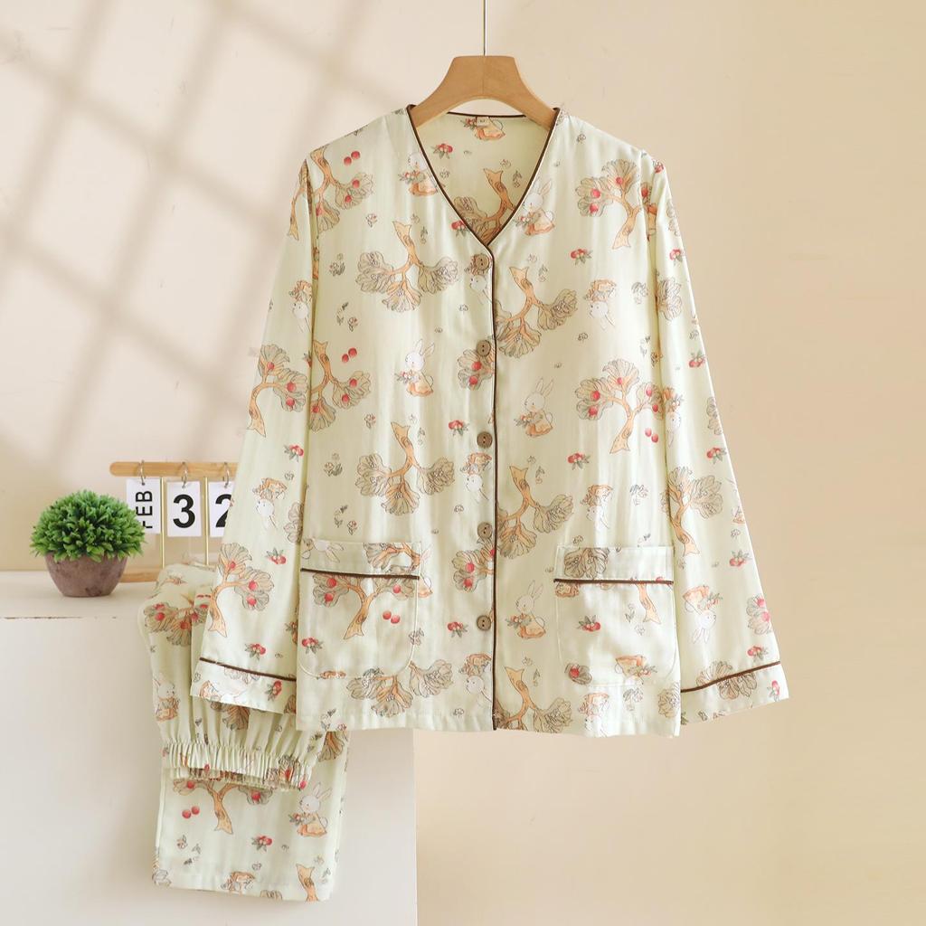 Women's Cotton Pajamas Set with Removable Chest Pads, Long-Sleeve and Pant, Casual Loose Fit for Autumn and Spring. Suitable for Home or Outdoor Wear.