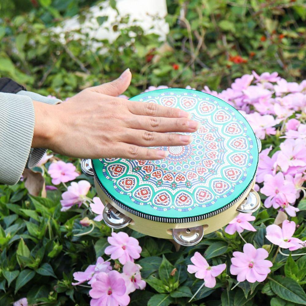 8 Inch Tambourine for Adults Metal Jingles Wooden Tambourine Handheld Drum  for Band Performance