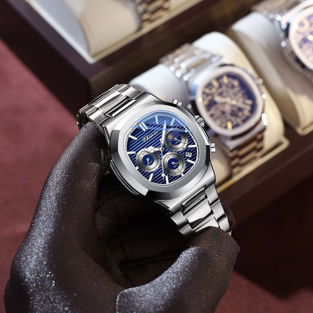 CHENXI Multifunctional Men's Watch True Three Sub-dials Six Hands Calendar Moon Phase Chronograph Octagonal Quartz Watch Reloj