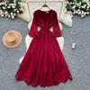 French court style seven-quarter sleeve dress women's summer mesh hollowed crochet design sense temperament big pendulum long skirt