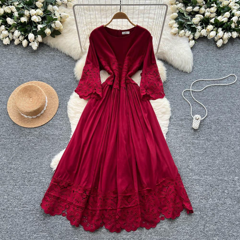 French court style seven-quarter sleeve dress women's summer mesh hollowed crochet design sense temperament big pendulum long skirt