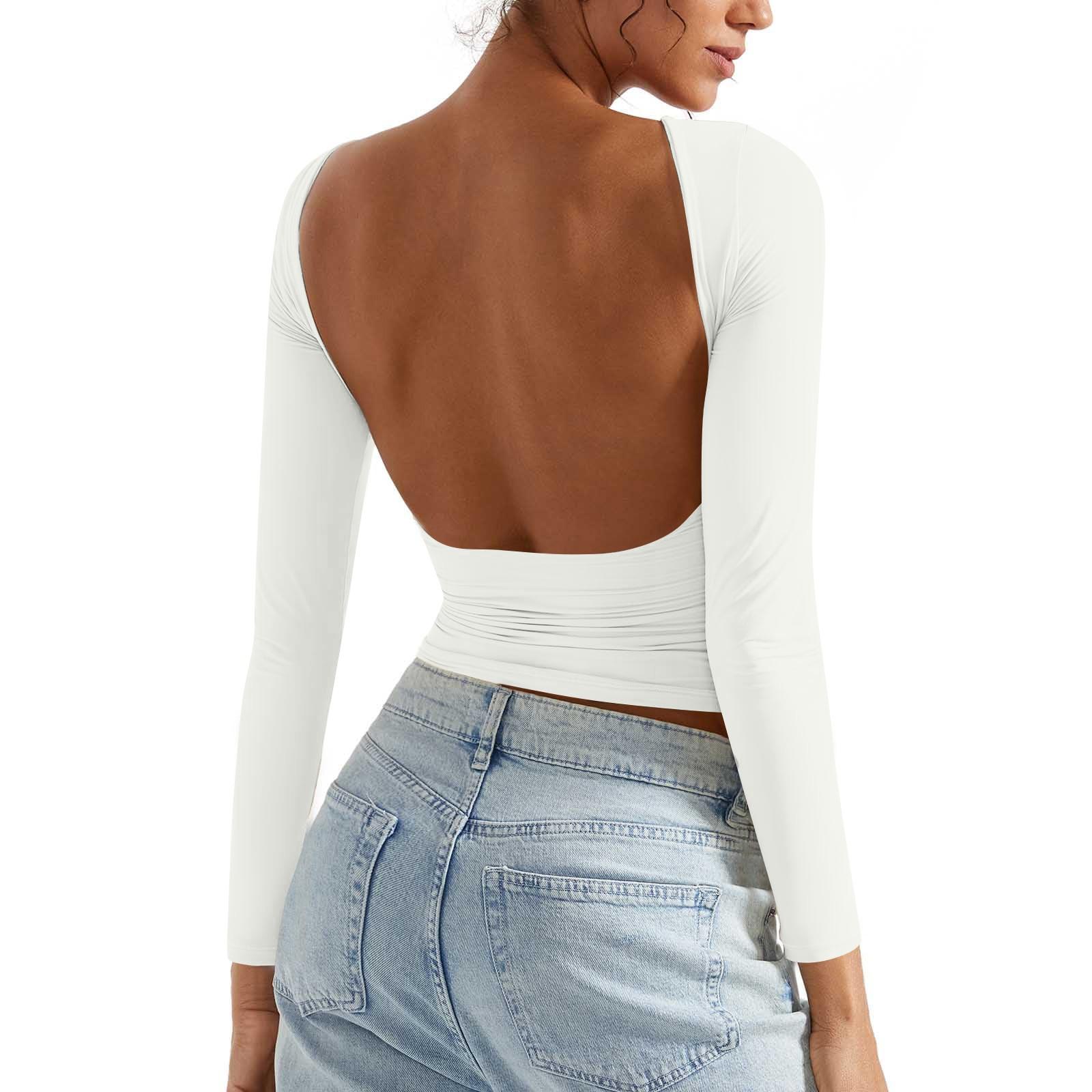 

Женская осенне-зимняя мода, сексуальная, с открытой спиной, облегающая, с круглым вырезом, с длинными рукавами, нижняя часть рубашки, топы S белый