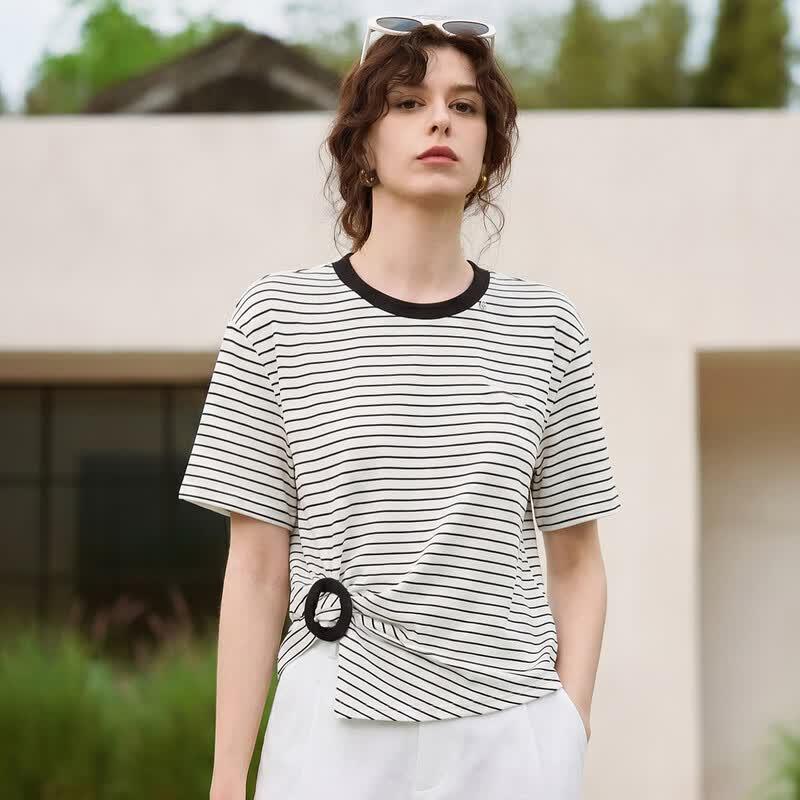 ELLE Retro Stripe Color Block Twist Short Sleeve T-Shirt