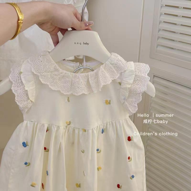 Girls Summer Sleeveless Dress Floral Embroidery Bud Hem Princess Cute Party Wear