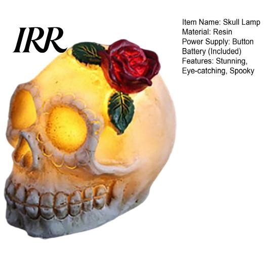 Gruselige Totenkopf-Lampe Gotische Leuchtende Rose Blumenfigurine, Tag der Toten Harz Halloween Dekor Statue, Totenkopf für Schreibtisch Zuhause