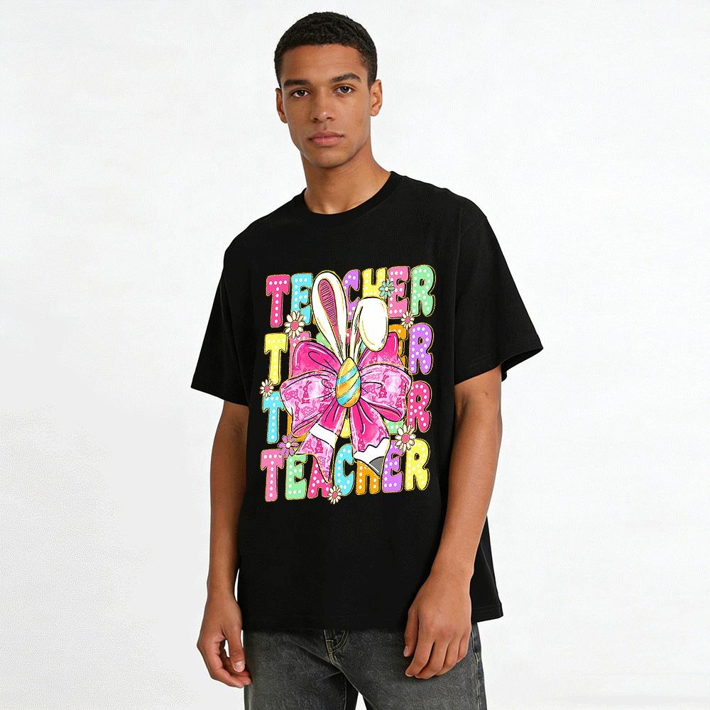 Easter Bunny Bow Teacher Themed Graphic Casual Top Pure cotton T-shirt