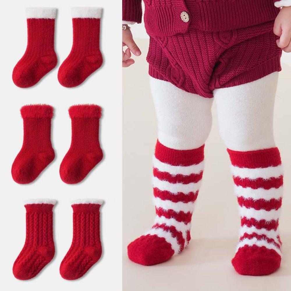 5Paits Stripe New Year Red Socks Thicken Warm Toddle Tube Socks Baby Plush Red Socks  Autumn