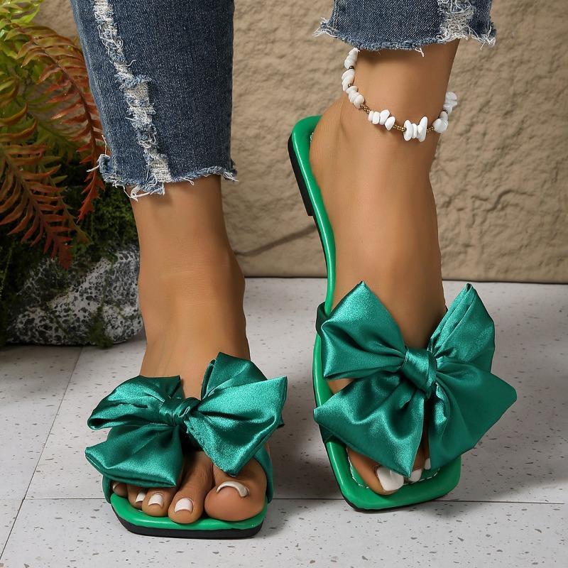 Women's Flat Slippers Women's Outside Wear Square Head Bow One Line Women's Light Flat Sandals
