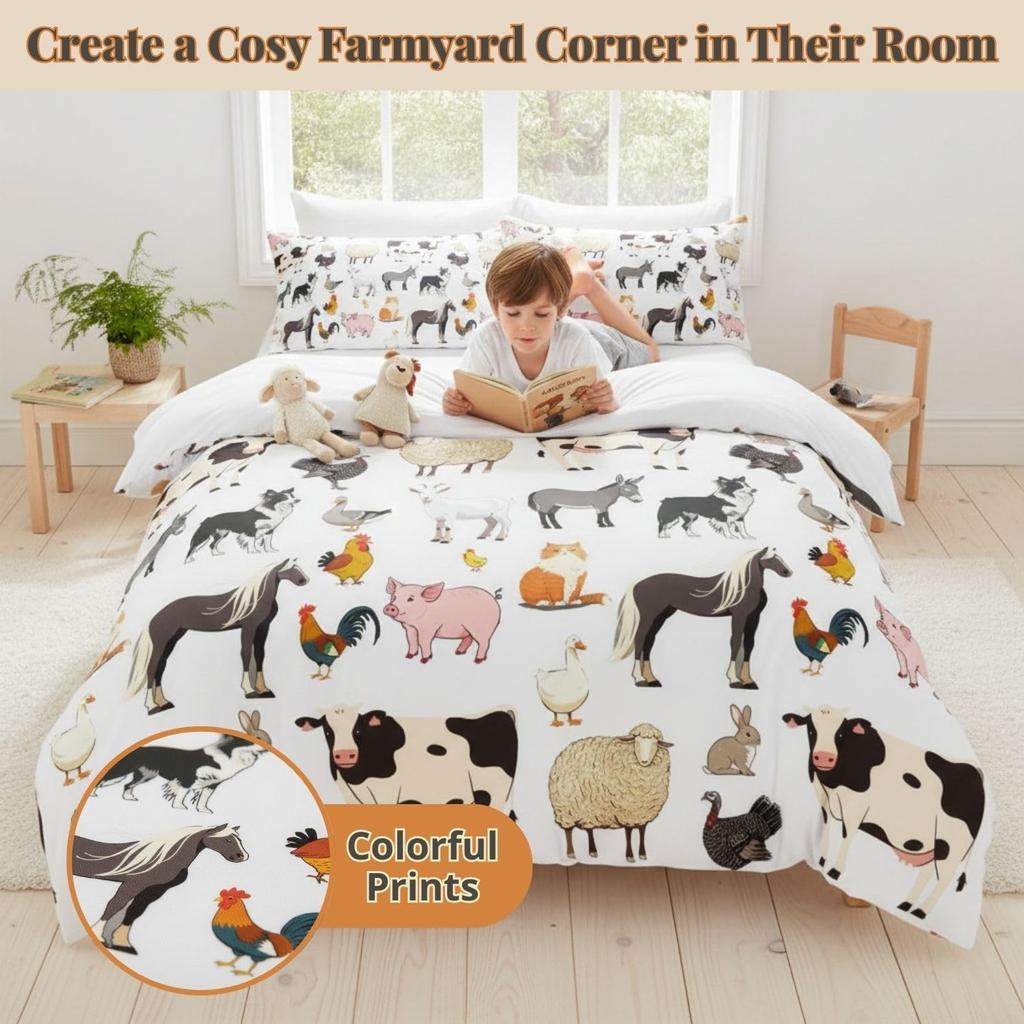 Farm Animal Junior Duvet Cover Set With 1 Pillowcase Cute Cow Horse Print Bedding Set For Kids Boys Girls Bedroom