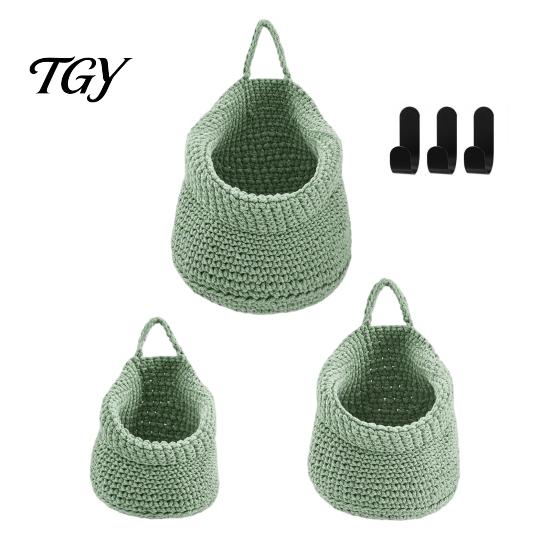 Wall Mounted Storage for Nursery 3PCS Woven Hanging Bag, Natural Cotton Rope Fruit Baskets, Organizer Hair Accessories Boho