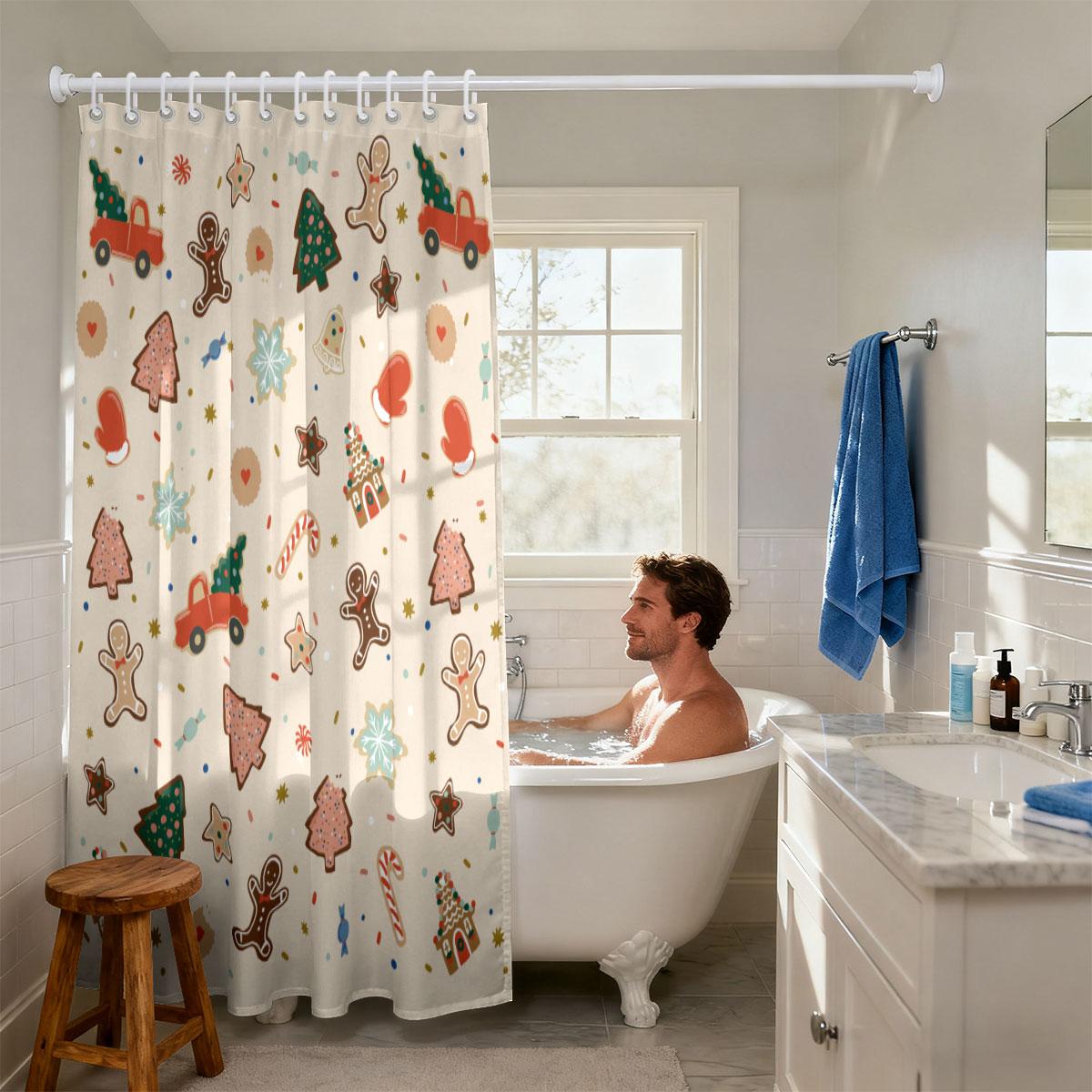 

1pc Merry Christmas gingerbread print waterproof shower curtain partition privacy hanging curtain with 12 hooks multiple sizes 180*180cm