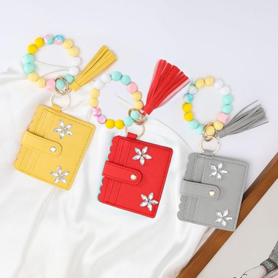 RFID Shielded Card Holder with Rhinestone Flower And Beads Decor Women Wristband Wallet Keychain Faux