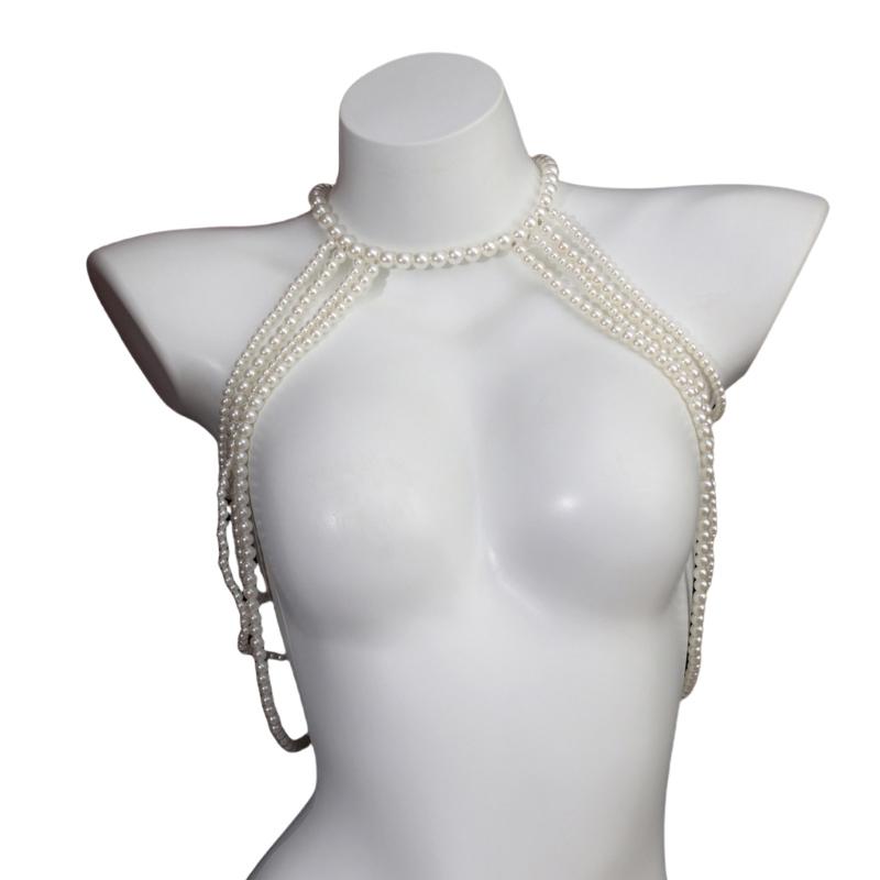 Elegant Faux Pearls Body Chain Shoulder Necklace Adjustable for Women Bra Chain for Parties Weddings and Festivals