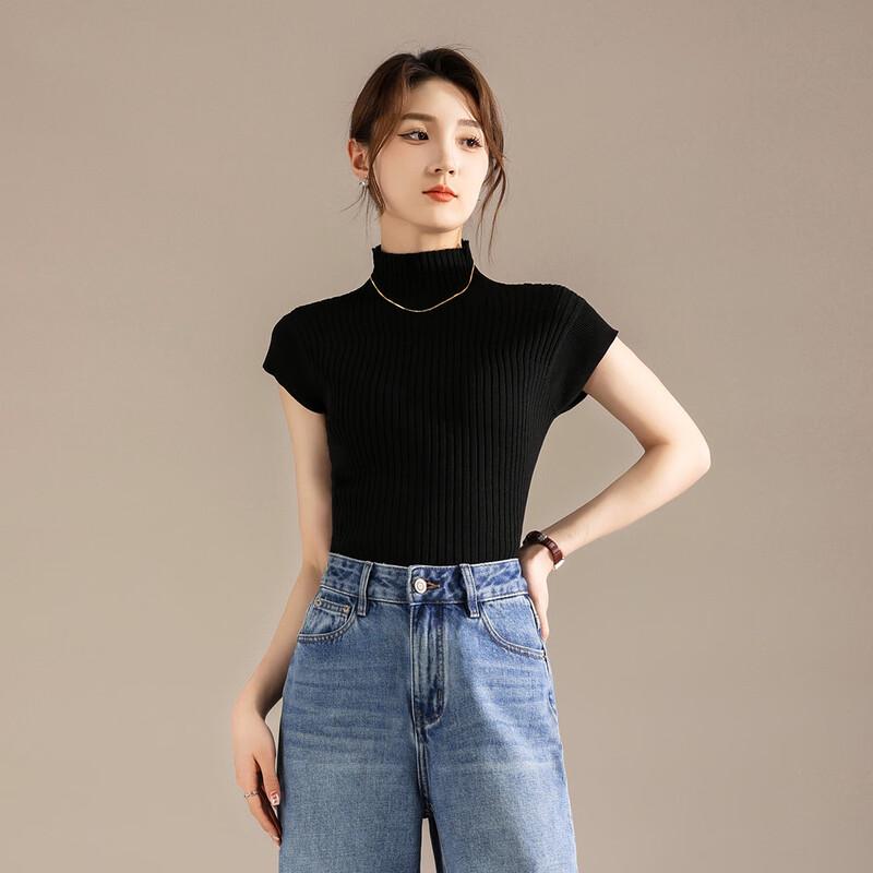 

RAIN.CUN Women s Slim-Fit Semi-High Neck Short Sleeve Knit Top L