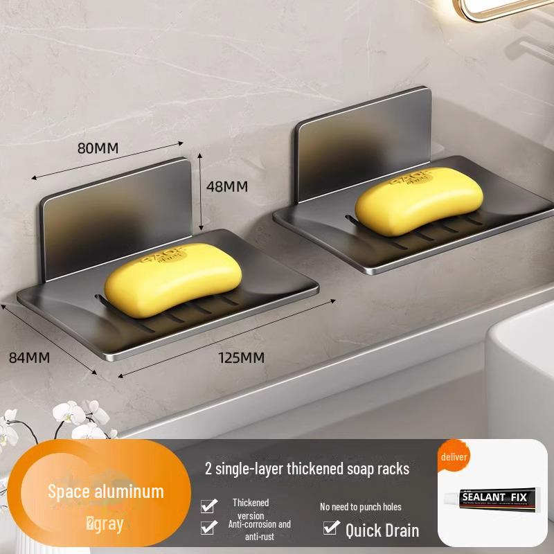 Punch-Free Wall-Mounted Soap Rack, Space-Saving Aluminum with Dual Drain Design