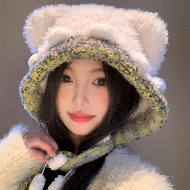 Koreanische Version Niedliche Teddybärenohren Plüsch Strickmütze Kinder Zum Warmhalten Schützen Ihre Lei Feng Looks Klein Vielseitig