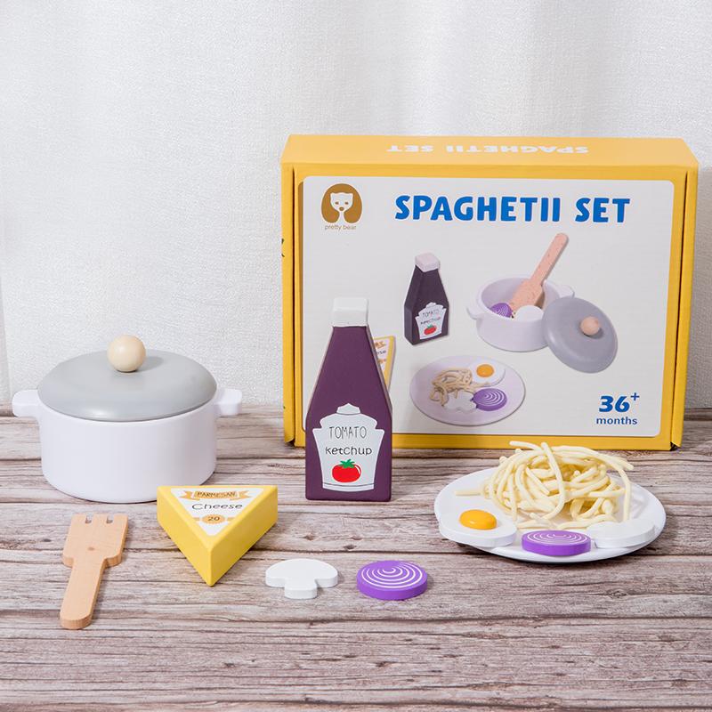 Wooden Simulation Food Spaghetti Cook Kitchen Pretend Play Makeup Barber Set Pasta Houseplay Roleplay Game for Kids Education
