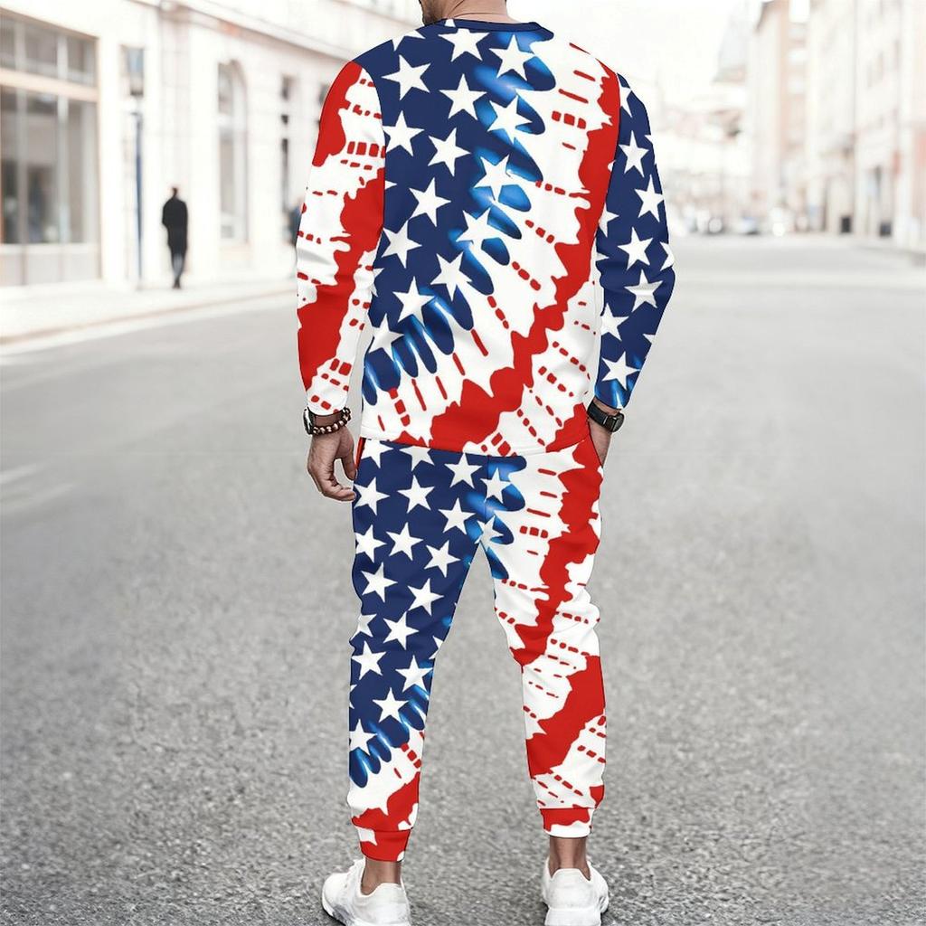 Men All Over Butterfly Floral American Flag Print Long Sleeve Sweatshirt And Drawstring Jogger Pants Two Piece Suit