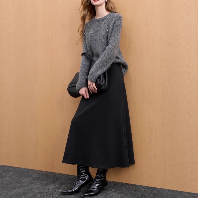 Women's 2025 Autumn/Winter Elegant Elastic Waist Long Skirt