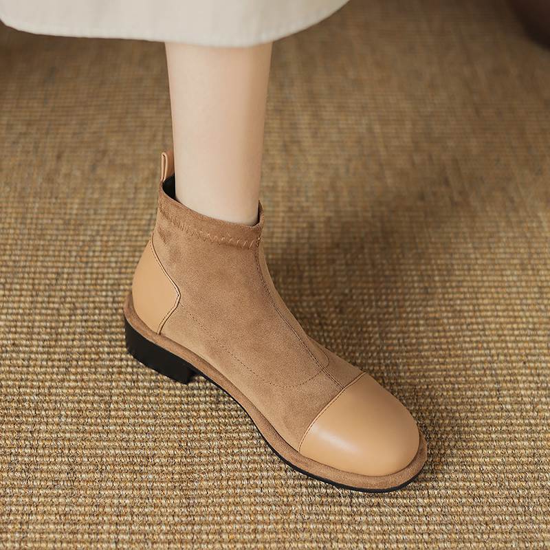 Krazing Pot Flock Autumn Winter Shoes Low Heels Size 43 Stretch Boots Back Patch Work Street Wear Elastic Ankle Boots