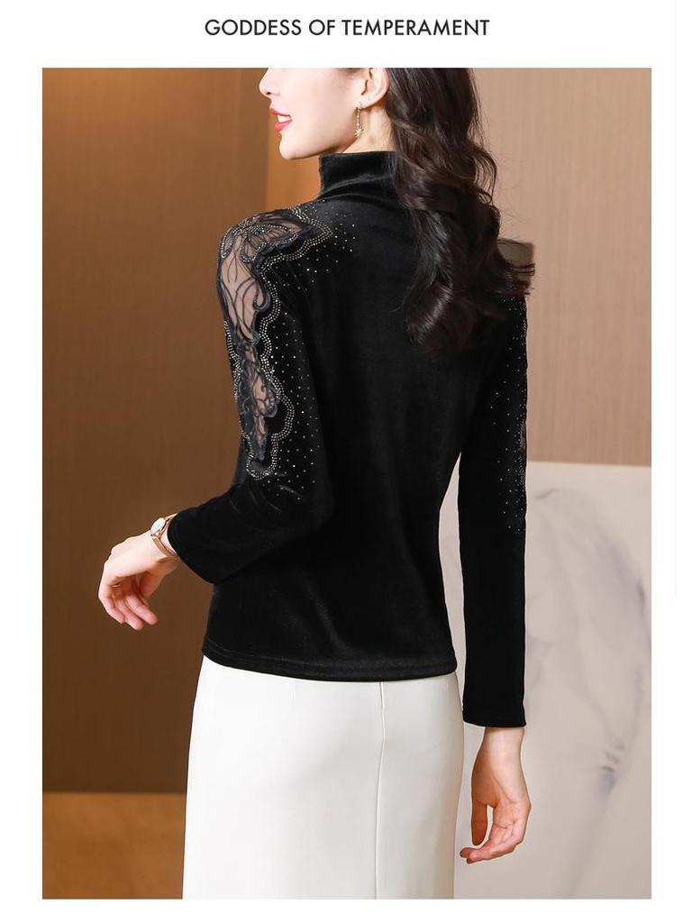 Stylish Versatile Velvet Lace High-Neck Long-Sleeve Shirt for Women