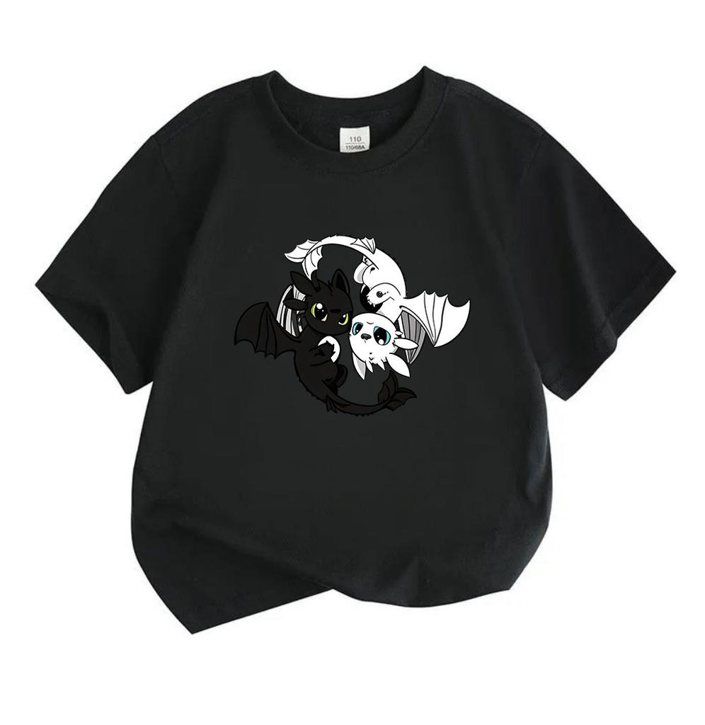 Kids Boys Girls 100% Cotton Crew Neck Short Sleeve T-Shirt, Cute Black White Dragon Pattern Casual Soft Summer Tee for Children Daily Wear