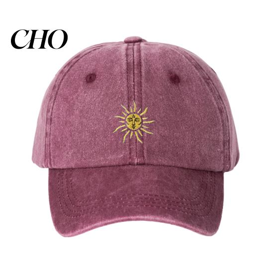 Summer Baseball Hat Embroidery Sun Pattern Hat, Adjustable Back Buckle Retro Distressed Lightweight Style Cap, Washed Cotton Fabric Outdoor