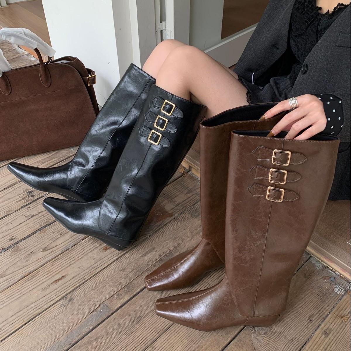 

2025 new square head rivet thin tall knight women s boots versatile two wear inner slope heel riding boots 40 коричневый