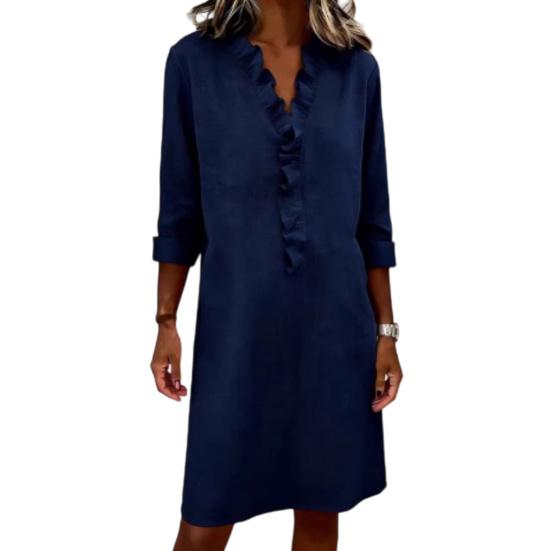 

Летнее платье для женщин, повседневное, с оборками, V-образным вырезом, А-силуэта, миди, с длинным рукавом, наряд для отпуска/путешествия, с карманами M темно-синий