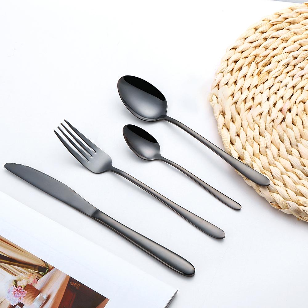 12/16/20/24/32Pcs Black Cutlery Stainless Steel Western Tableware Smooth Handle Fork Spoon Mirror Dinner Set Kitchen Utensils