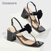 Sandalias De Mujer Fashion Sandals for Women Leather Black Flower Square Toe Chunky Heeled Shoes Elegant Party Tacones Size35-43