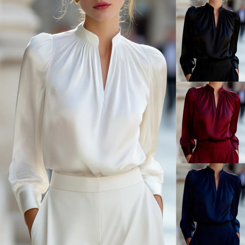 2026 Satin Stand Collar Blouse With Puffed Sleeves Long Sleeve Womens Office Wear