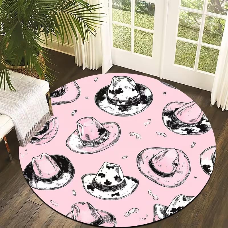 Pastel Pink Cowboy Hat Sketch Round Rug Cute Western Style Print Non Slip Soft Floor Carpet Bedroom Home Decor