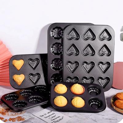 6 & 12 Holes Round and Heart Shape Cake Pan Cupcake Mold Nonstick Carbon Steel Baking Tray Set
