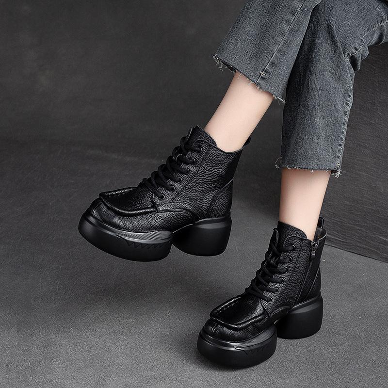 Fashion GKTINOO Women Motorcycle Boots Genuine Leather 2025 New Zip Thick Soled Women Shoes Sewing Handmade Retro Short Platform Boots