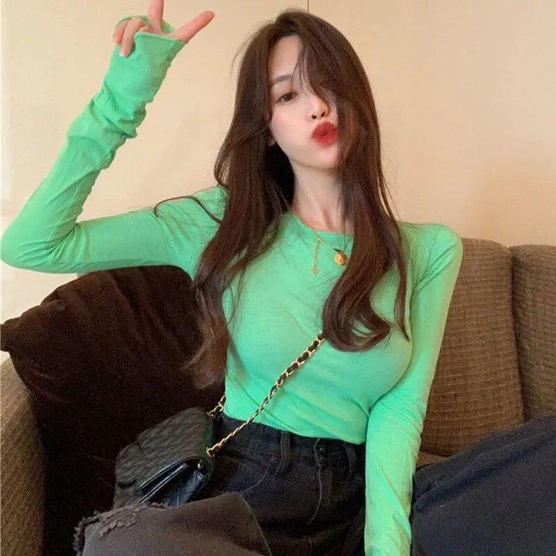 

Весенне-осенняя сексуальная женская футболка с круглым вырезом и длинным рукавом, корейская облегающая футболка, повседневные однотонные топы