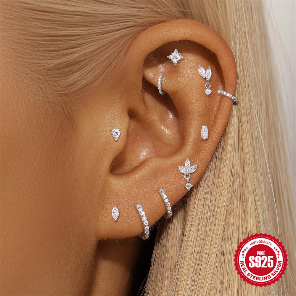 Simple Petal Moissanite S925 Silver Thread Cartilage Earring 16G Helix Stud Fashion