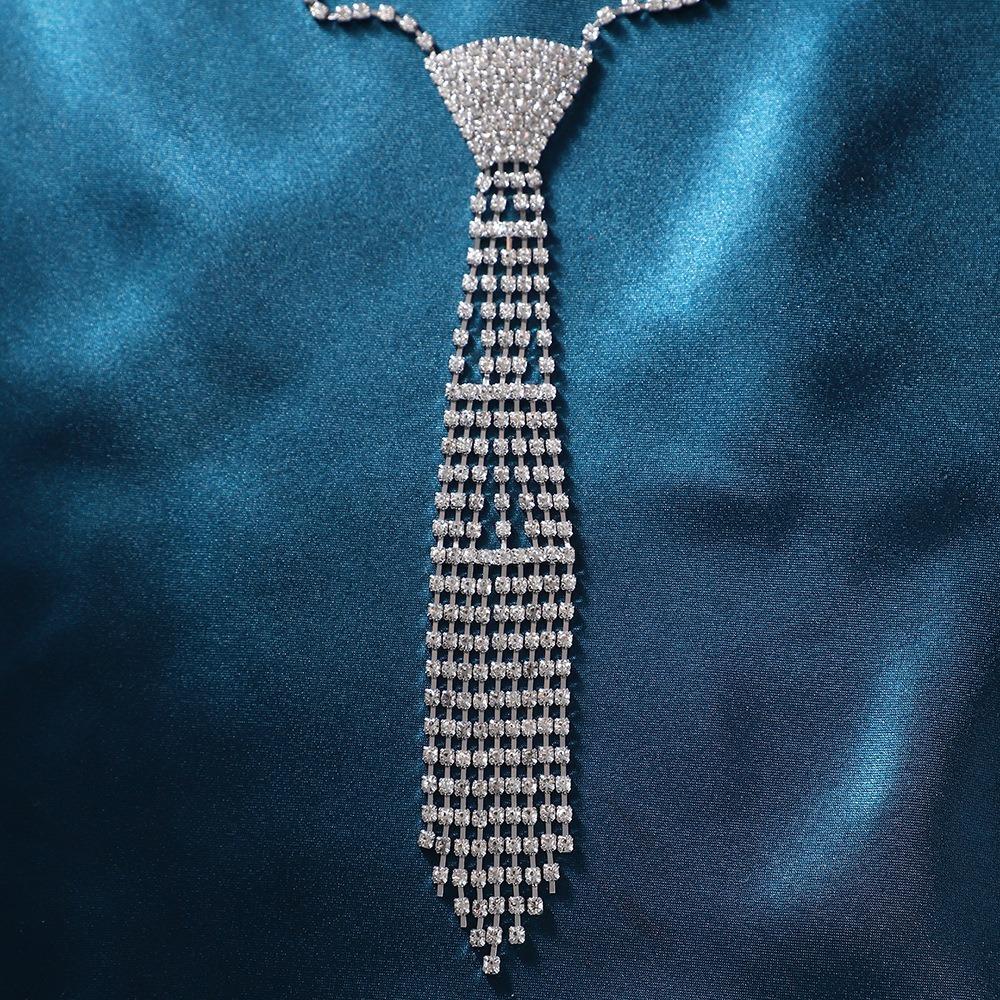 Charm Rhinestone Tassel Necklace Exaggerated Crystal Chain Choker Tie Shape Necklace  Party