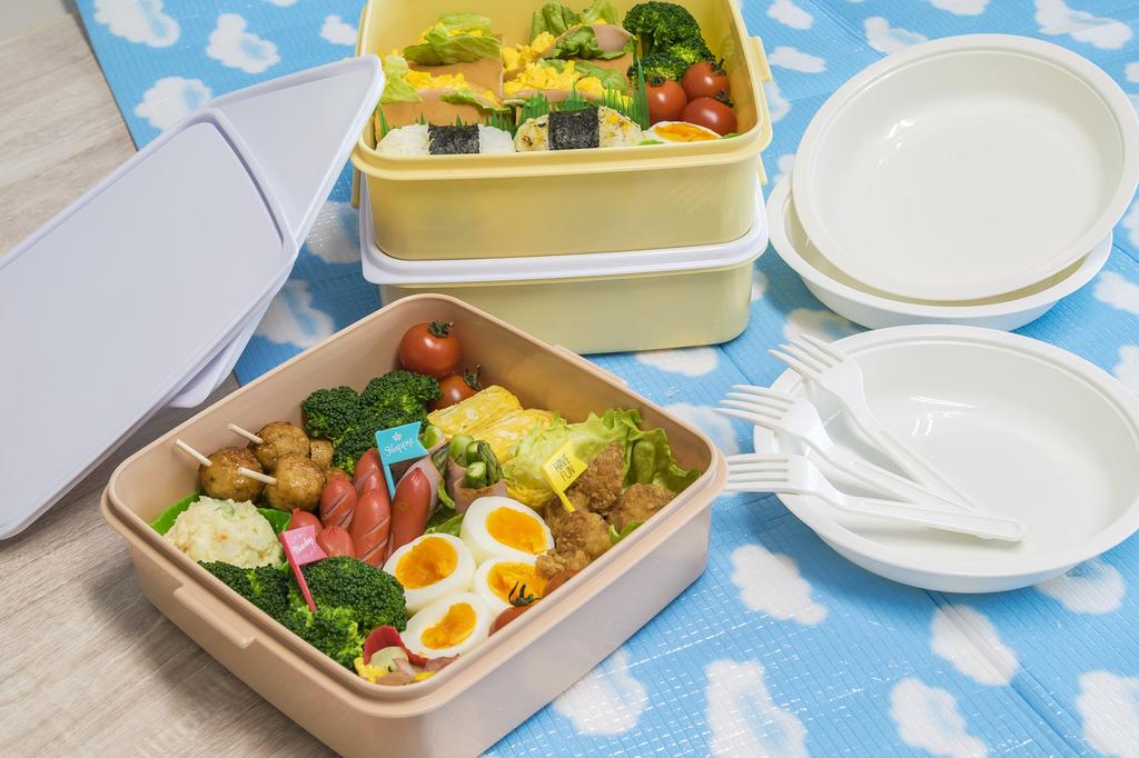 Sanko Plastic Family Size Rio Pack Lunch 3 with 3 Side Earth 116987 L-Shaped Box, Tiers, Plates, Beige,