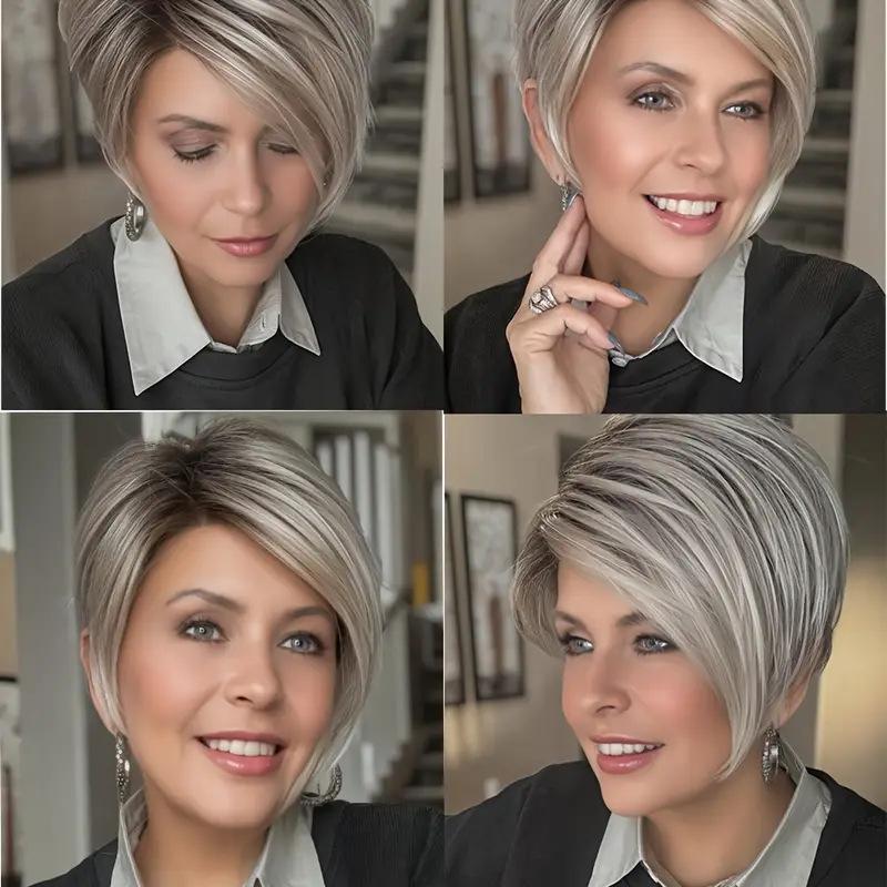 Popular European and American wigs, oblique bangs, intercolored short wig, high temperature silk rose mesh