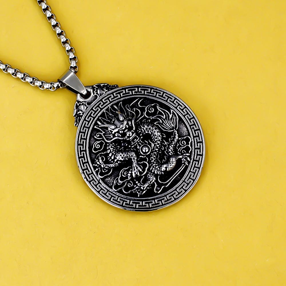 Hip-Hop Panlong Round Plate Pendant Fashion Accessories Retro Dragon Traveling World Pendant Titanium Steel Necklace
