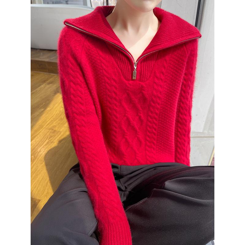 Women's Heavyweight Three-Ply Wool Half-Zip Sweater - Fashionable & Versatile for Autumn/Winter.