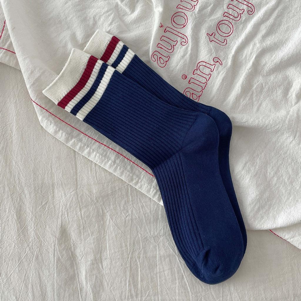 Grey Socks Cotton Mid-Leg Socks Double Needle Cotton Spring And Autumn Striped Pile Socks Collegiate Style Stockings